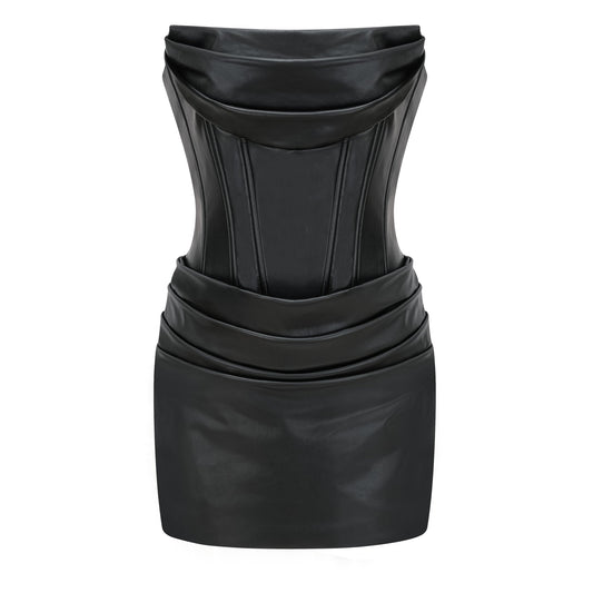 Agnes Black Ruched Leather Bodycon Mini Dress