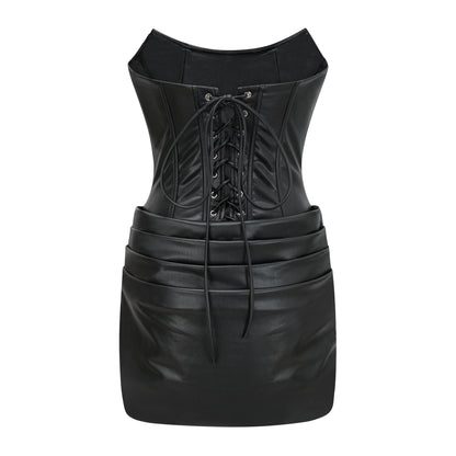 Agnes Siyah Dantelli Deri Bodycon Mini Elbise