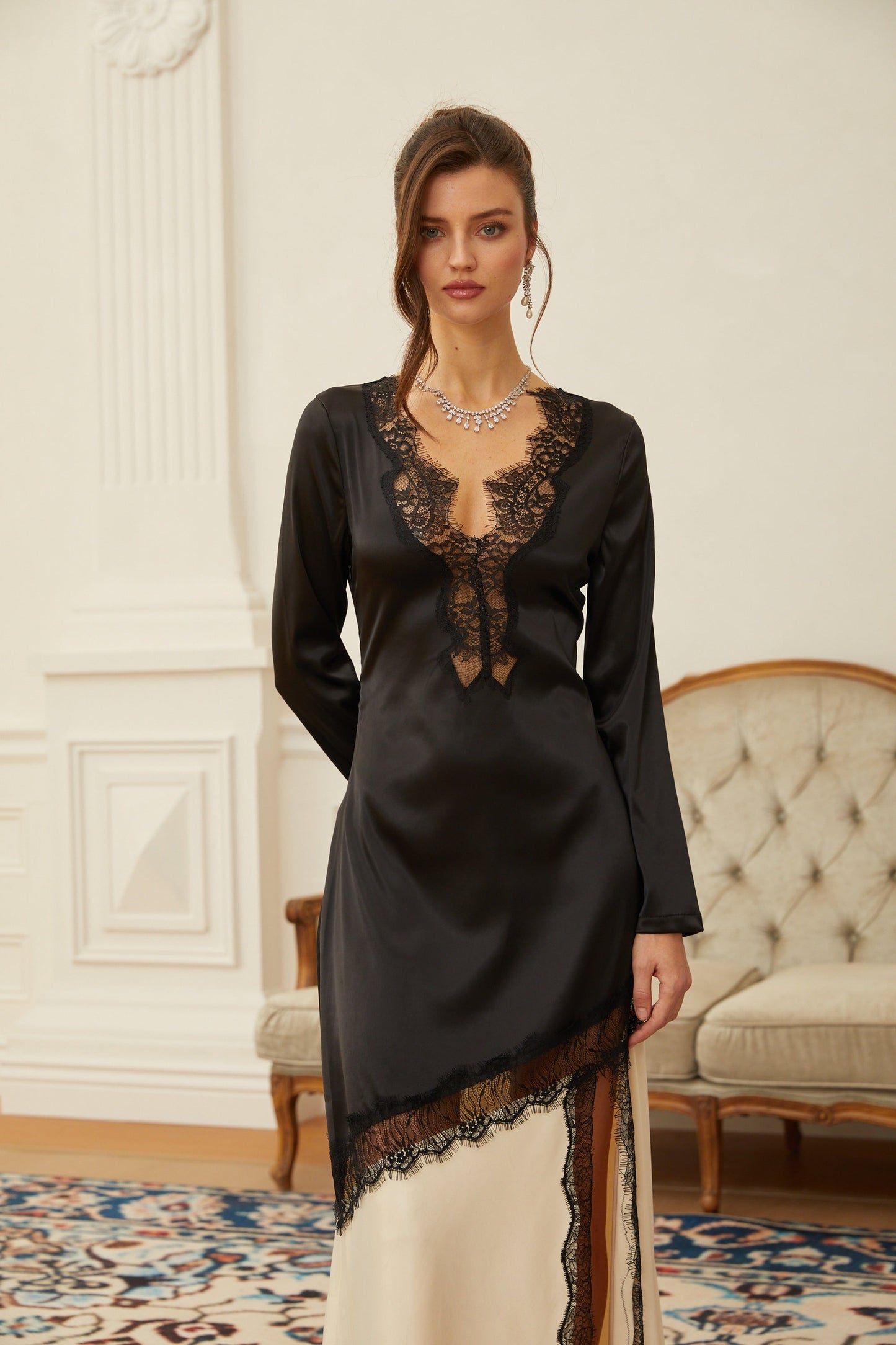 Raphaëlle Neutrals Lace Panel Satin Maxi Dress