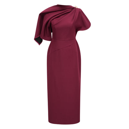 Wren Burgundy Asymmetrical Cape Maxi Dress