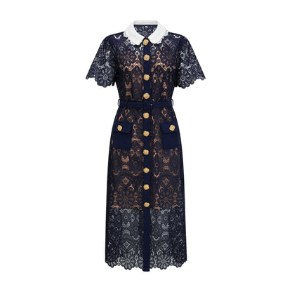 Ariane Navy Crochet-lace Midi Dress