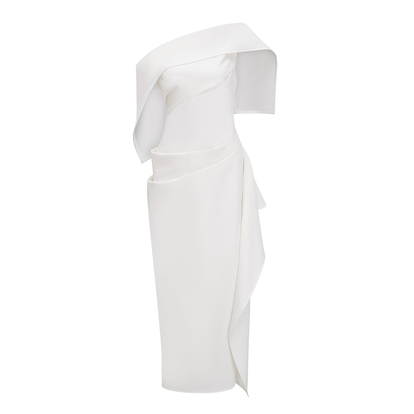 Kare White Asymmetrical Gathered Midi Dress