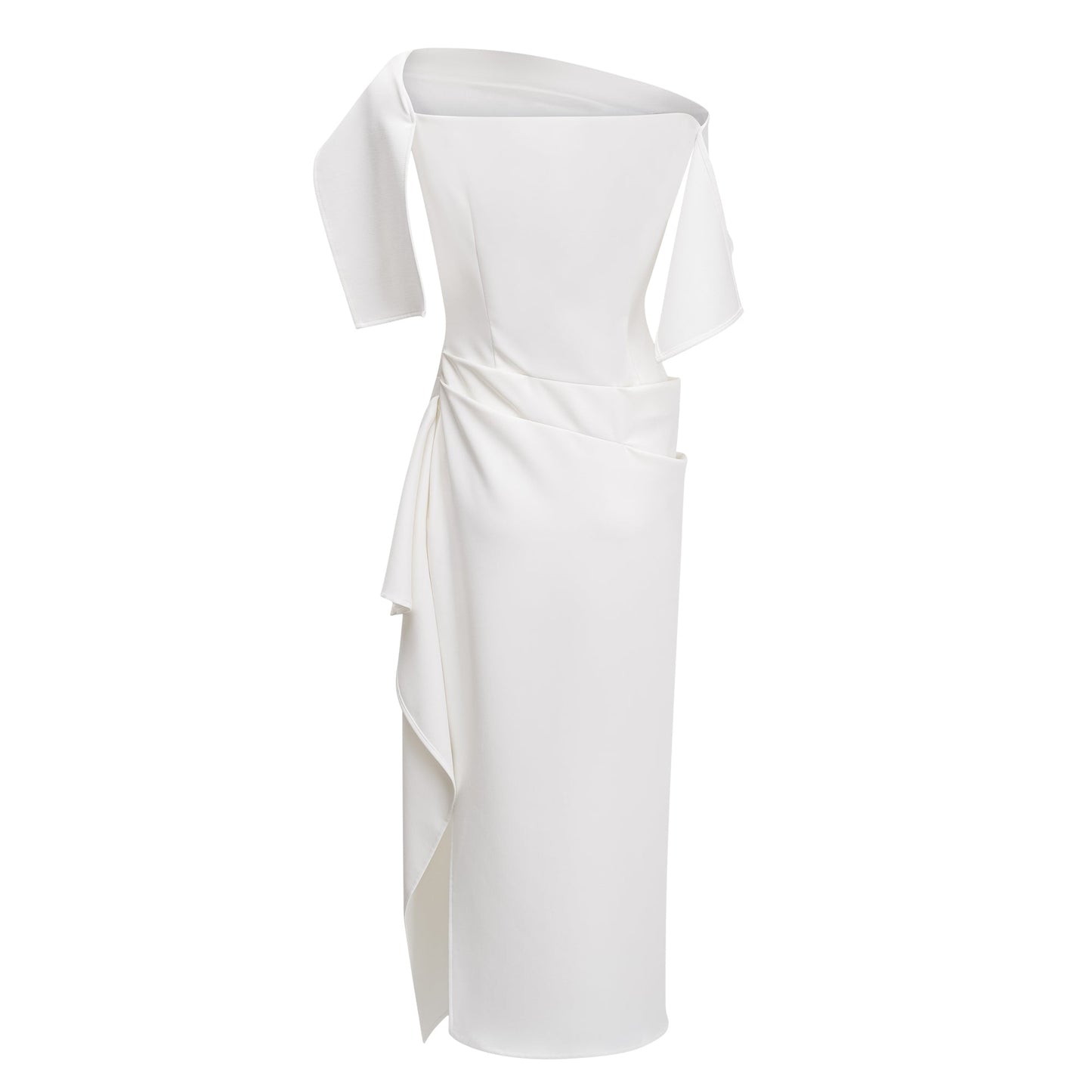 Kare White Asymmetrical Gathered Midi Dress