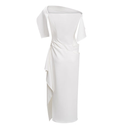 Kare White Asymmetrical Gathered Midi Dress