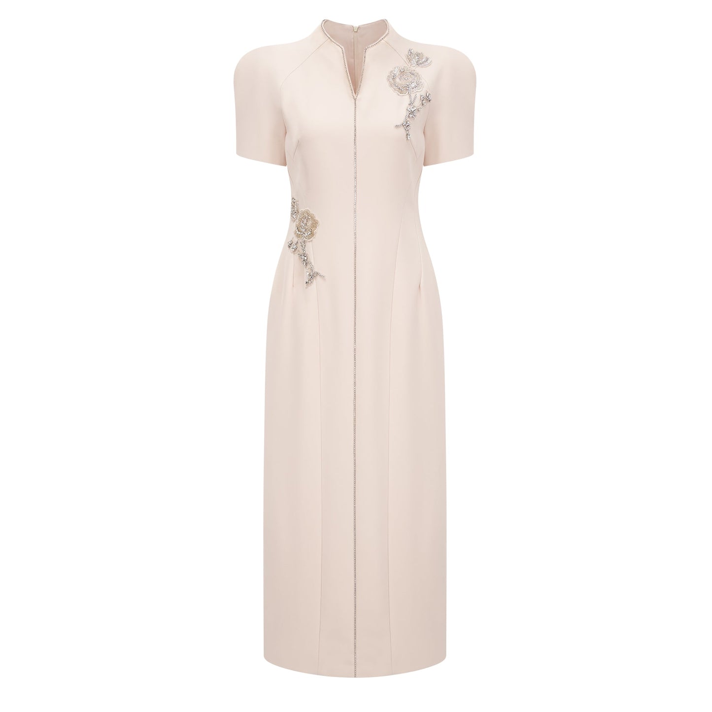 Quintella Neutral Floral Crystal Midi Dress