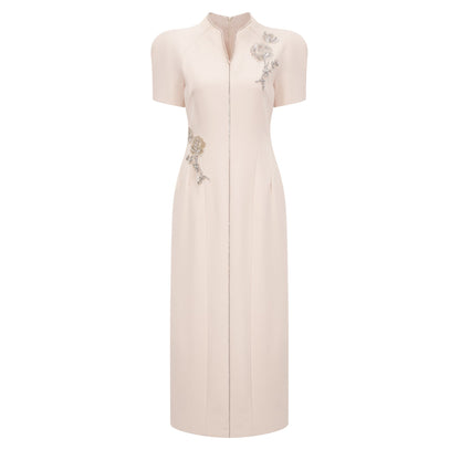 Quintella Neutral Floral Crystal Midi Dress