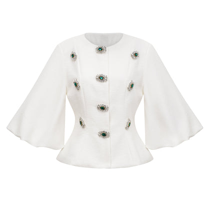 Bérénice Beyaz Kristal İşlemeli Peplum Ceket