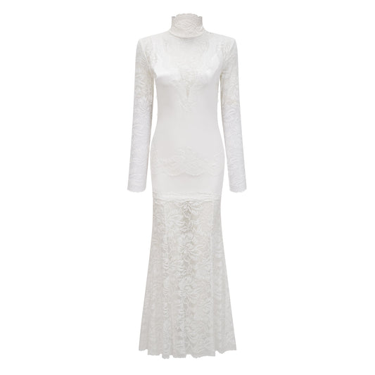 Airelle Beyaz Saten Panel Dantelli Maxi Elbise