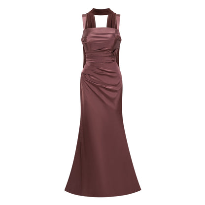 Inmaculada Brown Ruched Satin Maxi Dress (Without Gloves)