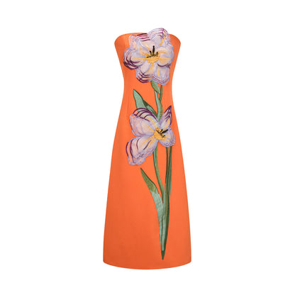 Irène Sequin Embroidered Off-Shoulder Midi Dress in Orange