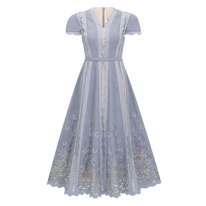 Amália Blue Scalloped Floral Embroidered Midi Dress