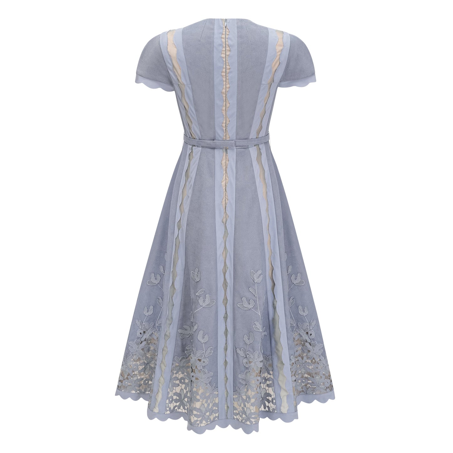 Amália Blue Scalloped Floral Embroidered Midi Dress