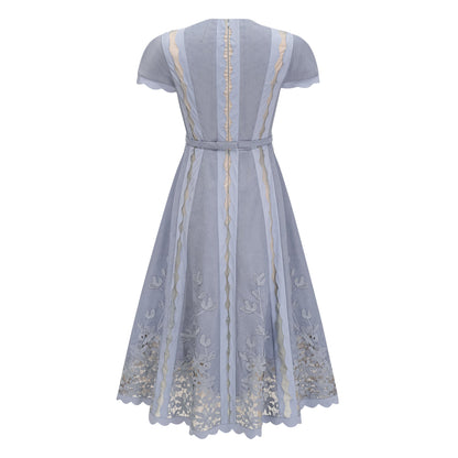 Amália Blue Scalloped Floral Embroidered Midi Dress