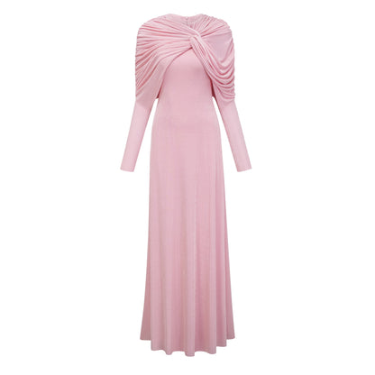 Moderne Pembe Şal Panelli Dantelli Maxi Elbise