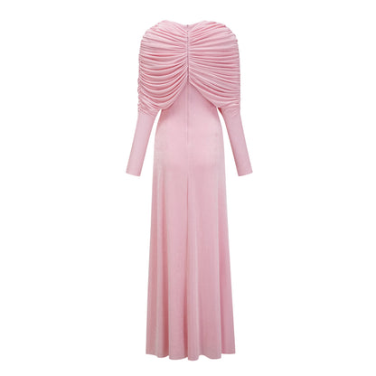 Moderne Pembe Şal Panelli Dantelli Maxi Elbise