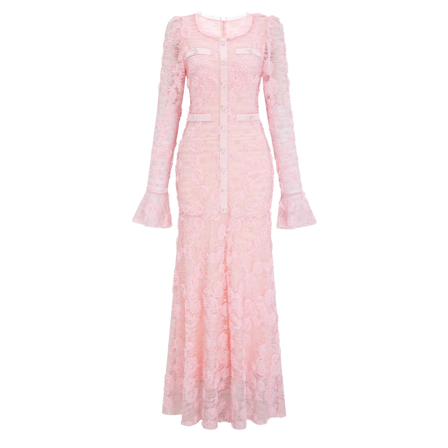 Branwen Pink 3D-Floral Embroidered Lace Maxi Dress