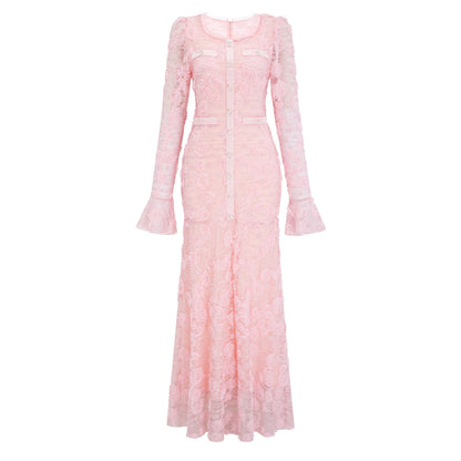 Branwen Pink 3D-Floral Embroidered Lace Maxi Dress