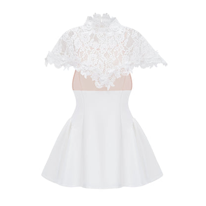 Mandana White Lace Mini Dress with Cape
