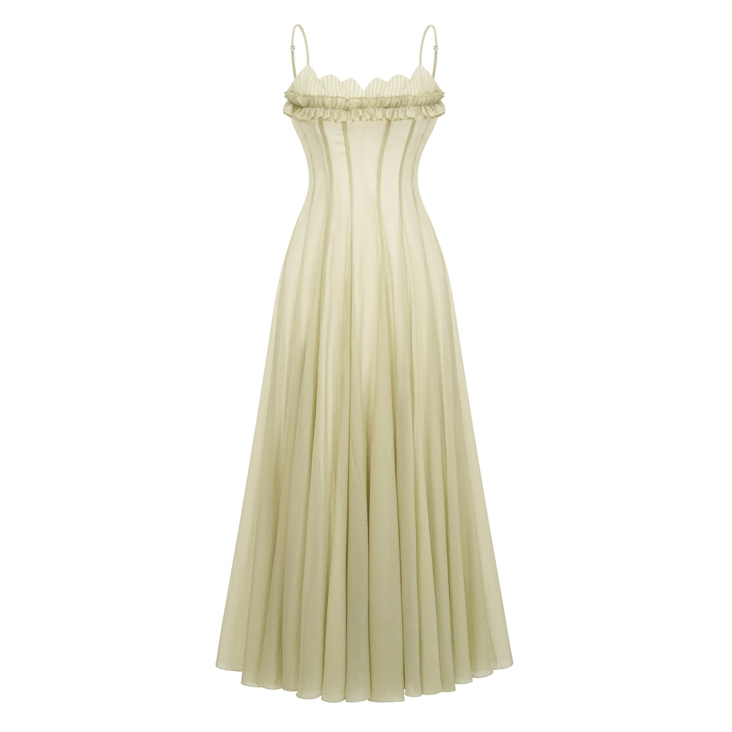 Matcha Ruffled Shirred Tulle Maxi Dress
