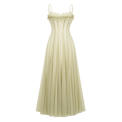 Matcha Ruffled Shirred Tulle Maxi Dress