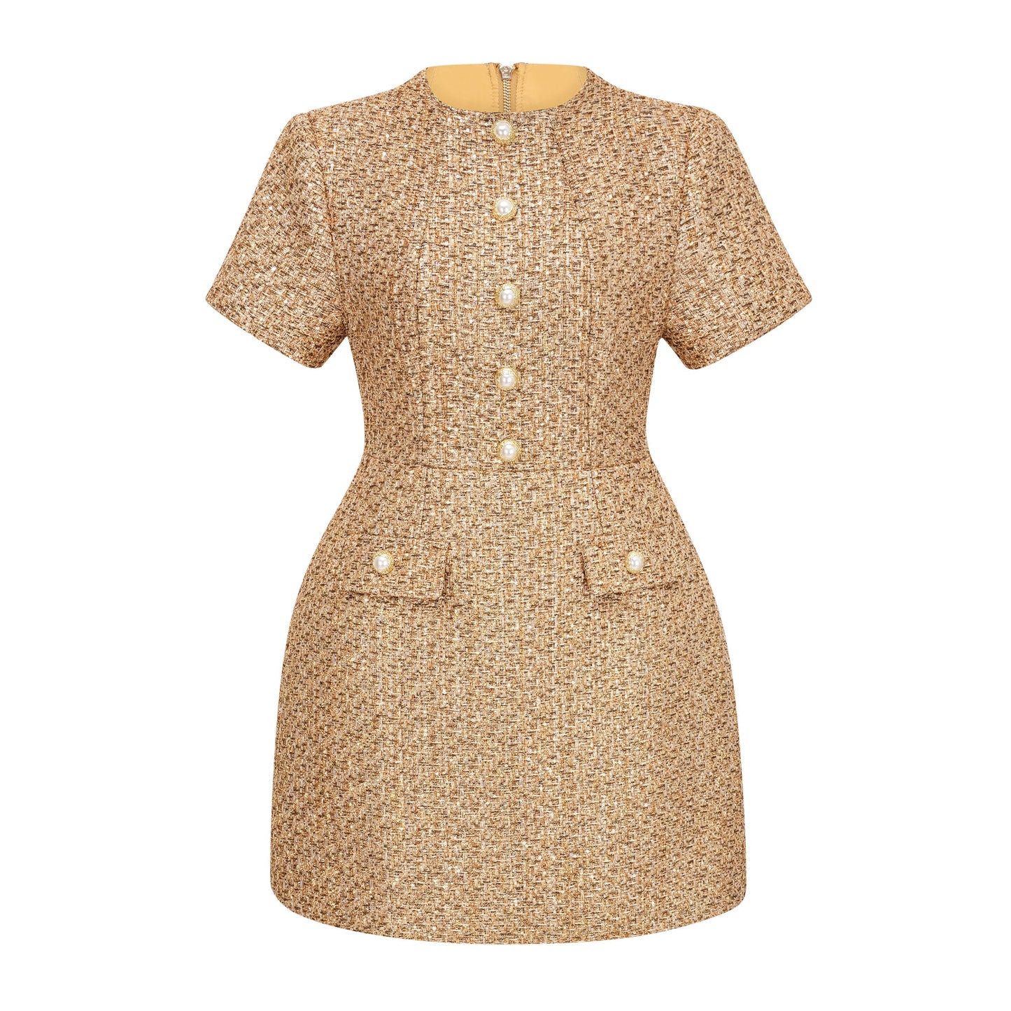 Arna Gold Round Neck Tweed Mini Dress