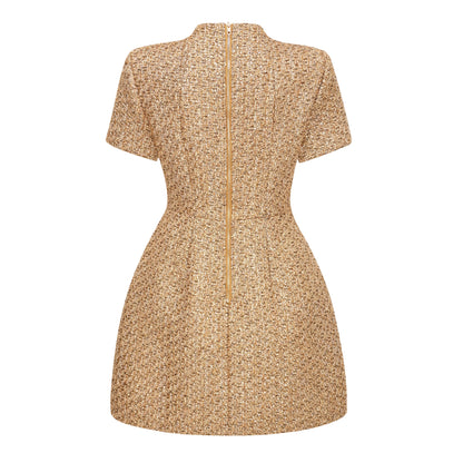 Arna Gold Round Neck Tweed Mini Dress