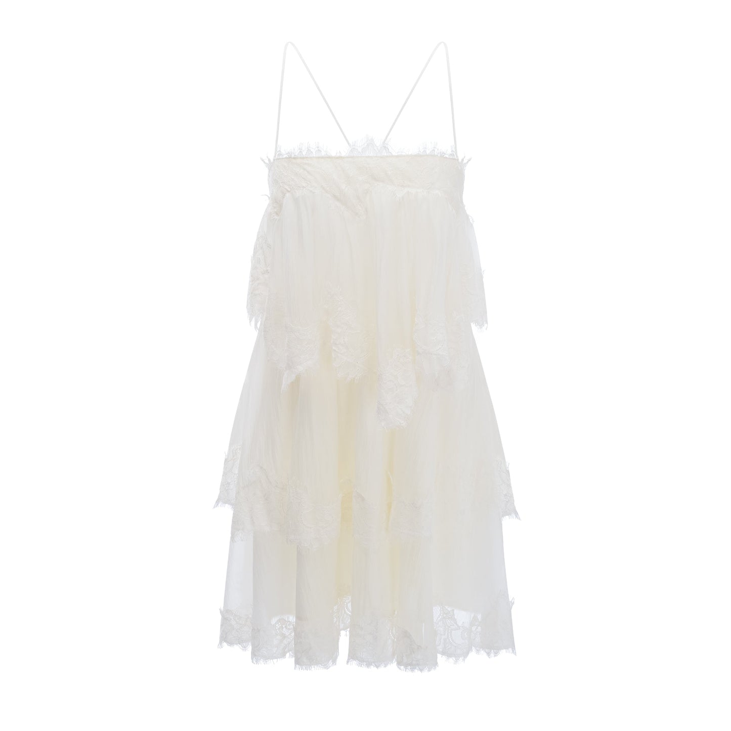 Rachel Beige Tiered Mini Dress with Lace Trim