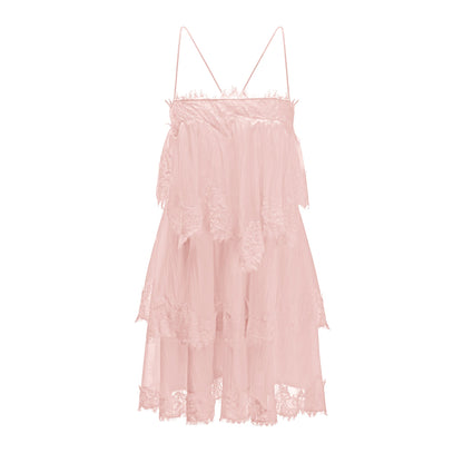 Rachel Dantelli Pembe Katlı Mini Elbise