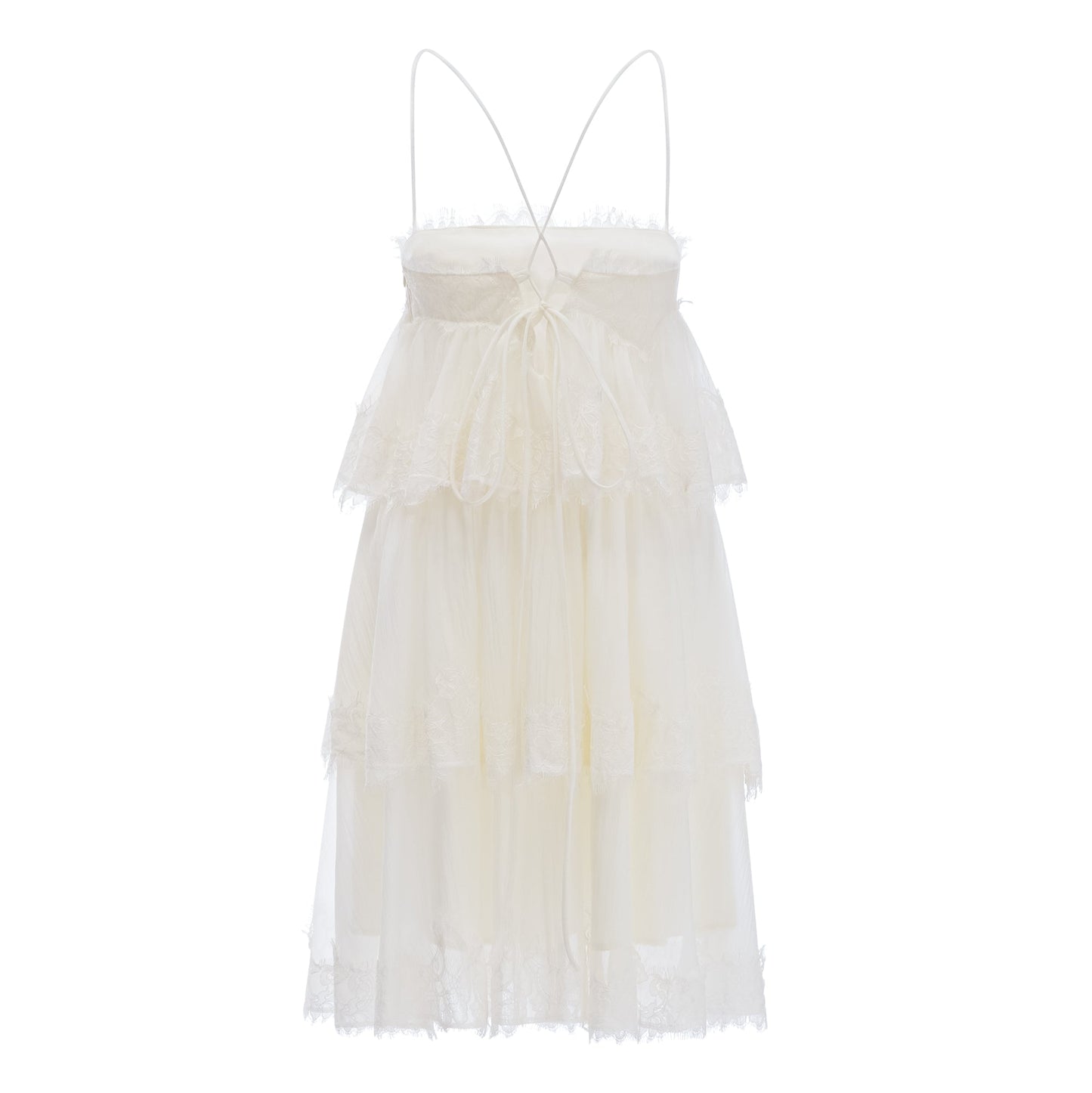 Rachel Beige Tiered Mini Dress with Lace Trim