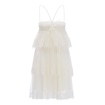 Rachel Beige Tiered Mini Dress with Lace Trim