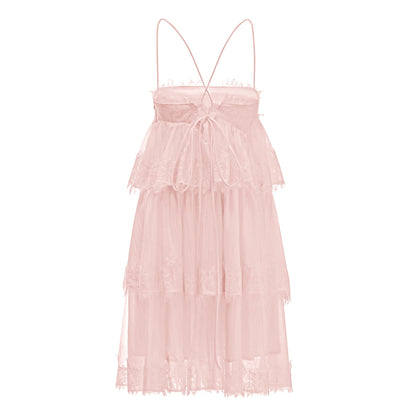 Rachel Dantelli Pembe Katlı Mini Elbise