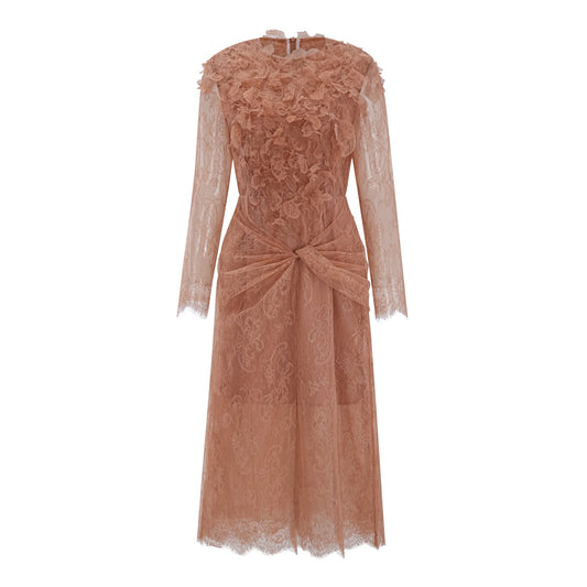 Hadley Caramel Twisted Floral Lace Midi Dress