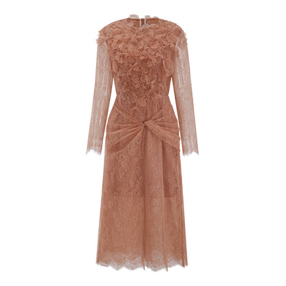 Hadley Caramel Twisted Floral Lace Midi Dress