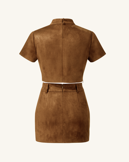 Grace Suni Süet Crop (Kısa Kesim) Üst / Bluz ve Mini Etek Set - Deve Tüyü
