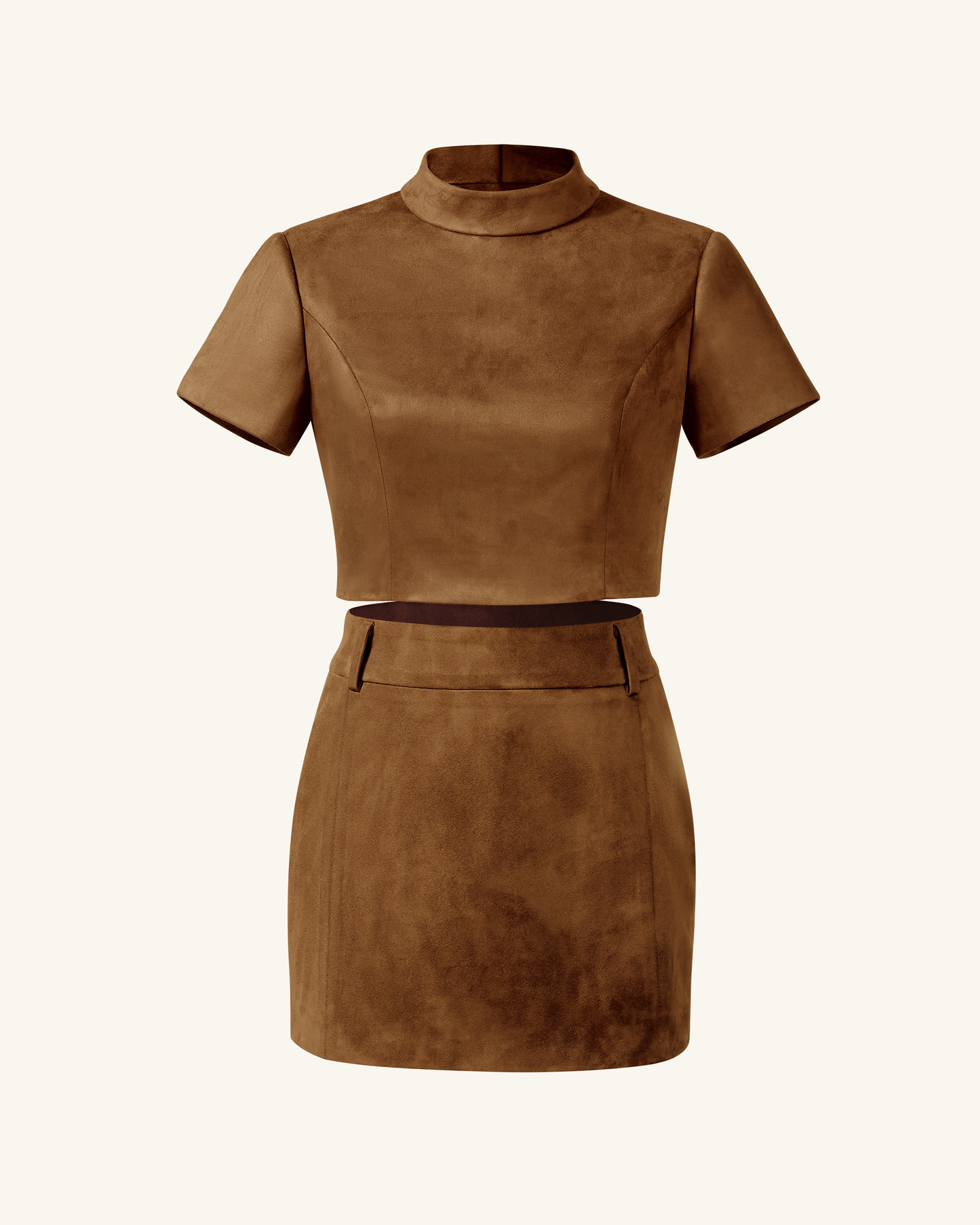 Grace Suni Süet Crop (Kısa Kesim) Üst / Bluz ve Mini Etek Set - Deve Tüyü