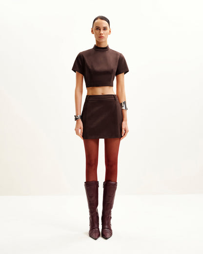 Grace Suni Süet Crop (Kısa Kesim) Üst / Bluz ve Mini Etek Set - Çikolata Kahverengi