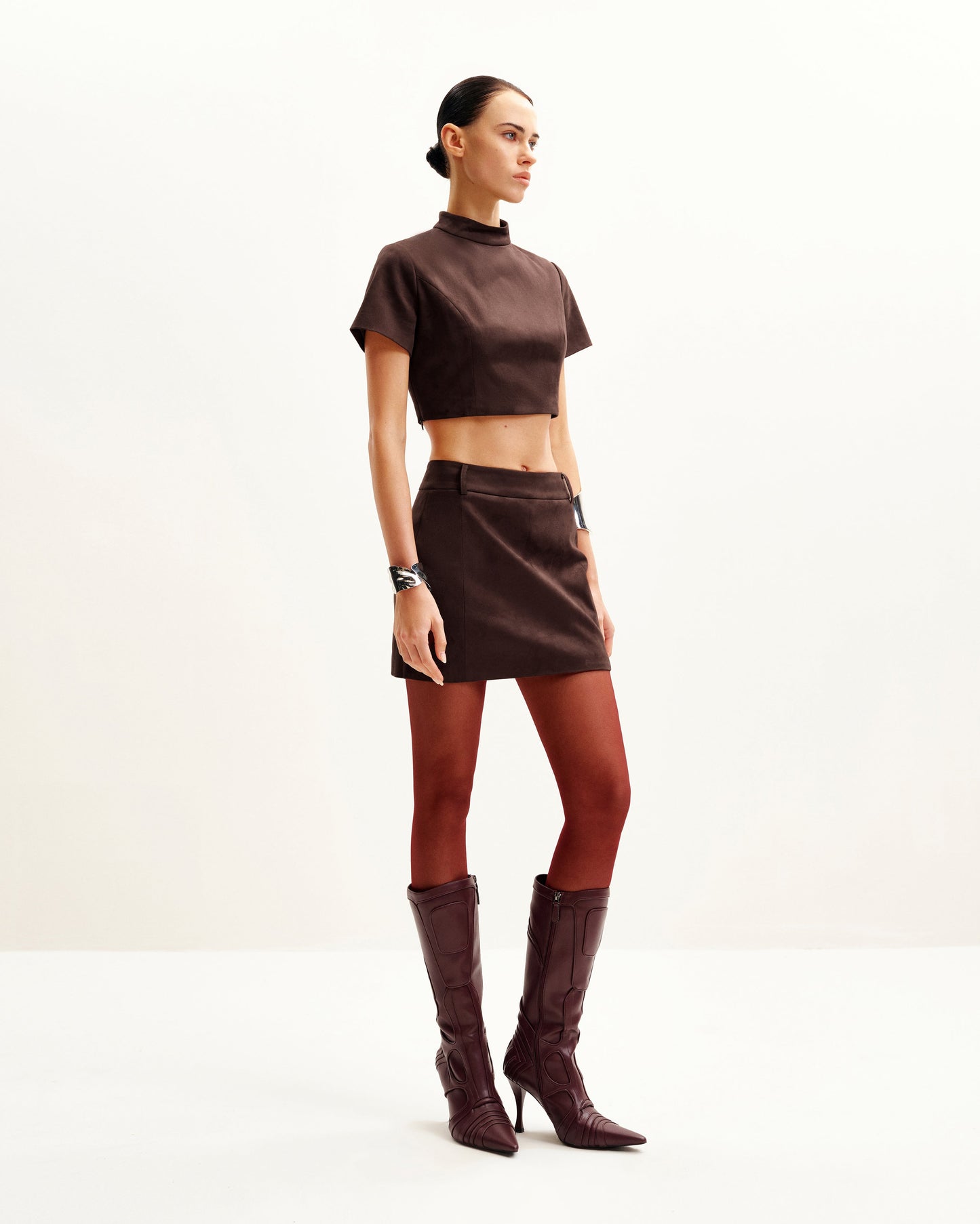 Grace Suni Süet Crop (Kısa Kesim) Üst / Bluz ve Mini Etek Set - Çikolata Kahverengi
