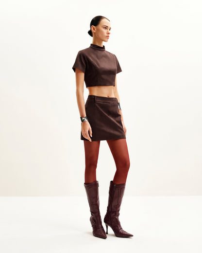 Grace Suni Süet Crop (Kısa Kesim) Üst / Bluz ve Mini Etek Set - Çikolata Kahverengi
