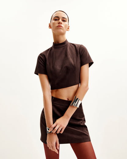 Grace Suni Süet Crop (Kısa Kesim) Üst / Bluz ve Mini Etek Set - Çikolata Kahverengi