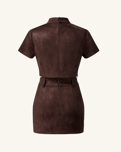 Grace Suni Süet Crop (Kısa Kesim) Üst / Bluz ve Mini Etek Set - Çikolata Kahverengi