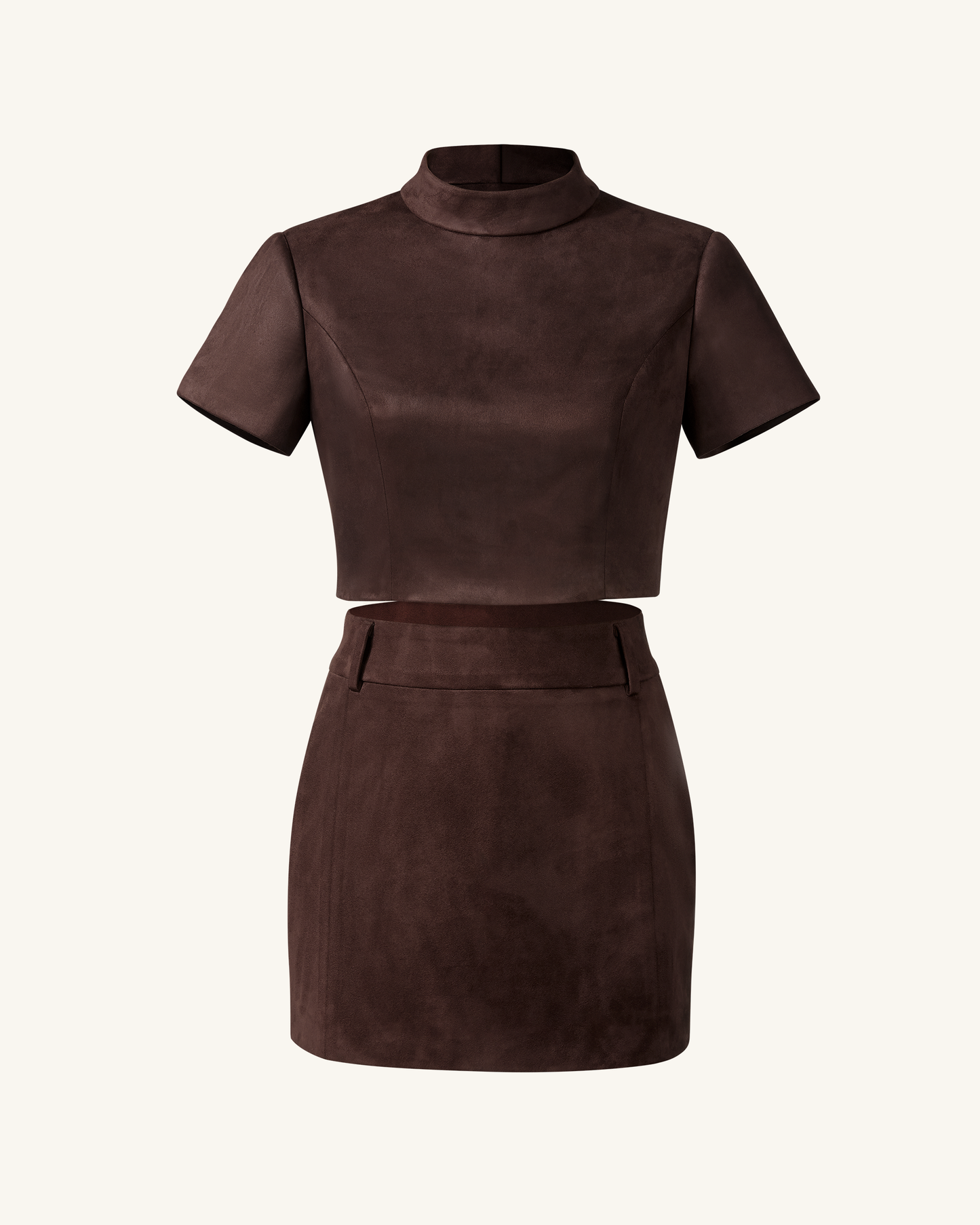 Grace Suni Süet Crop (Kısa Kesim) Üst / Bluz ve Mini Etek Set - Çikolata Kahverengi