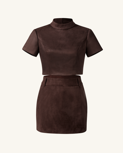 Grace Suni Süet Crop (Kısa Kesim) Üst / Bluz ve Mini Etek Set - Çikolata Kahverengi