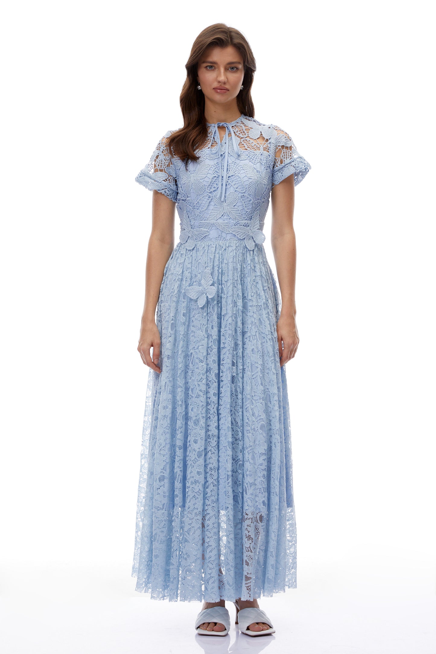 Dahlia Blue Floral Lace Maxi Dress with Butterfly Applique