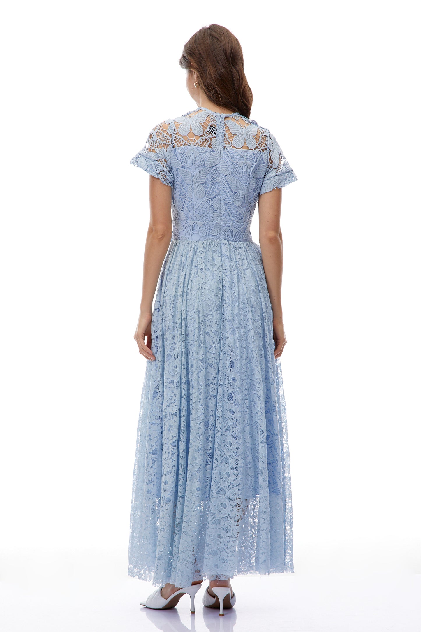 Dahlia Blue Floral Lace Maxi Dress with Butterfly Applique