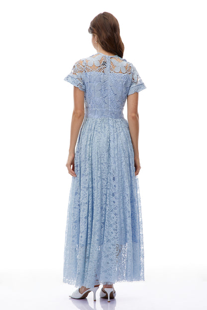 Dahlia Blue Floral Lace Maxi Dress with Butterfly Applique