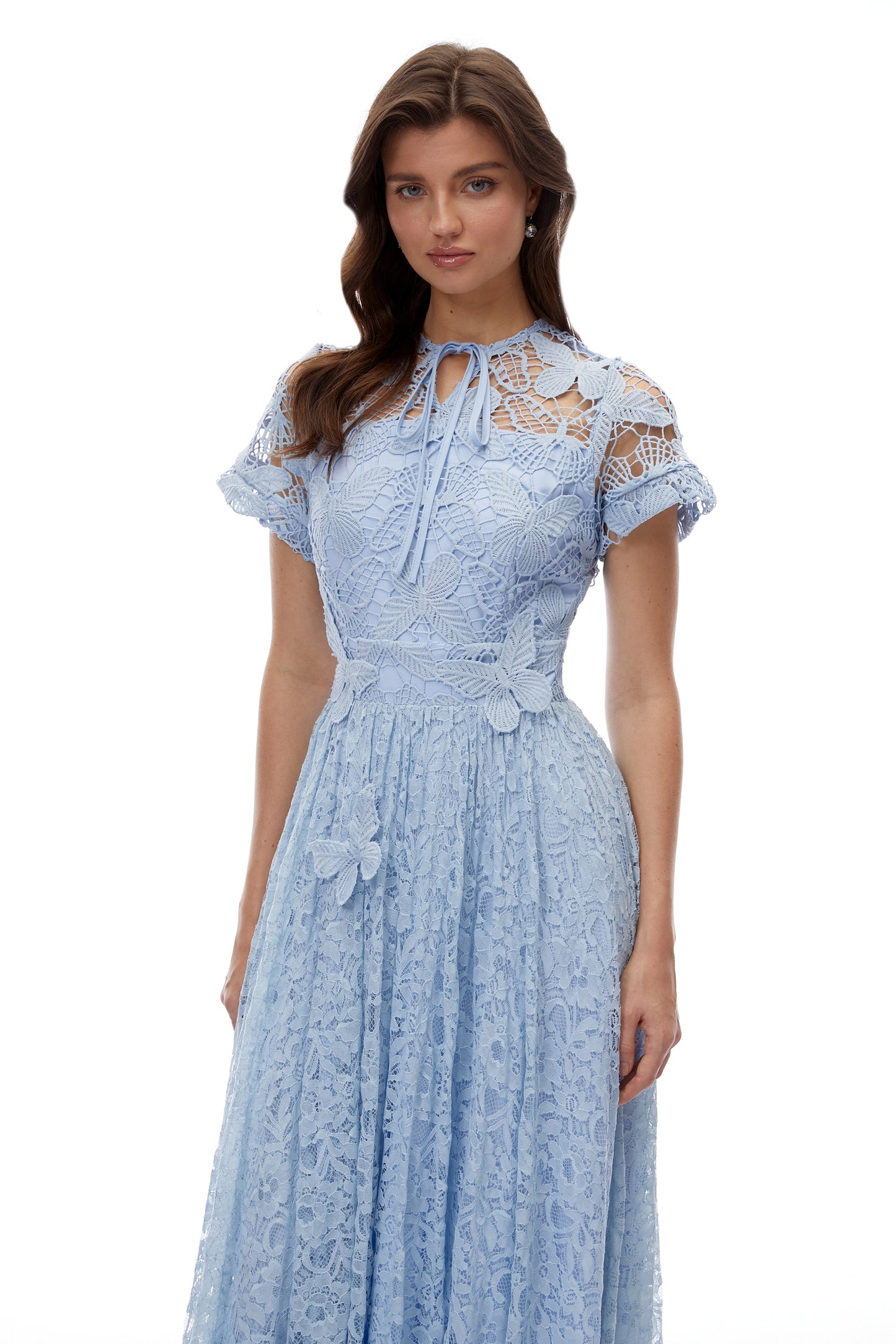 Dahlia Blue Floral Lace Maxi Dress with Butterfly Applique