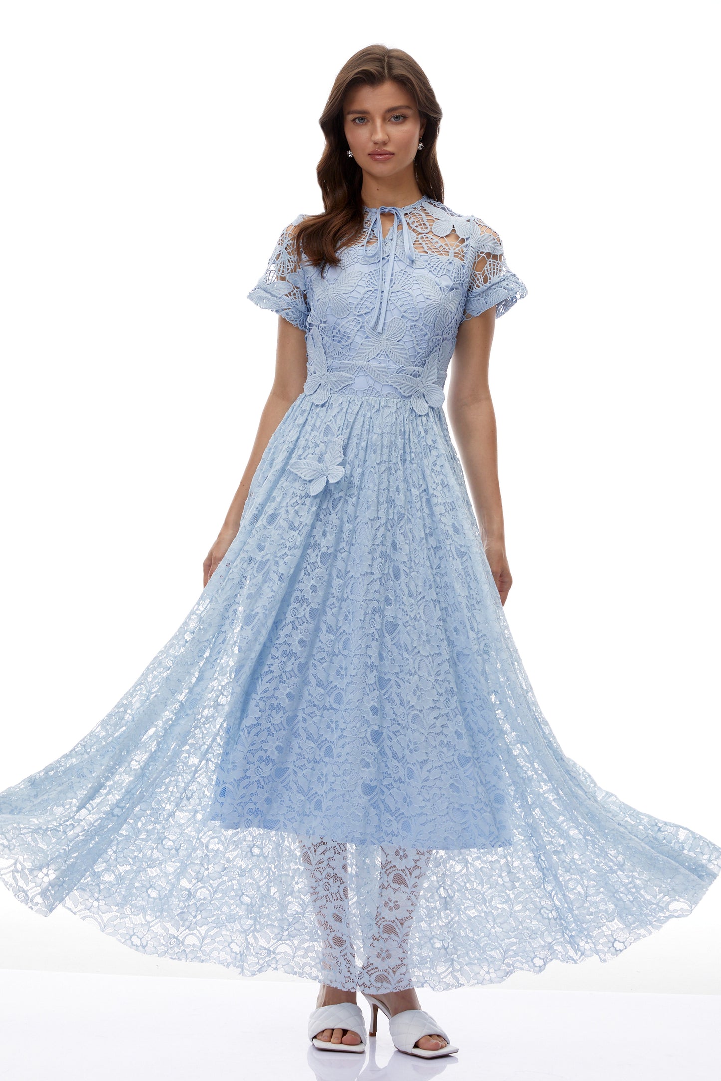 Dahlia Blue Floral Lace Maxi Dress with Butterfly Applique