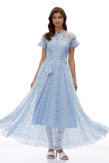 Dahlia Blue Floral Lace Maxi Dress with Butterfly Applique