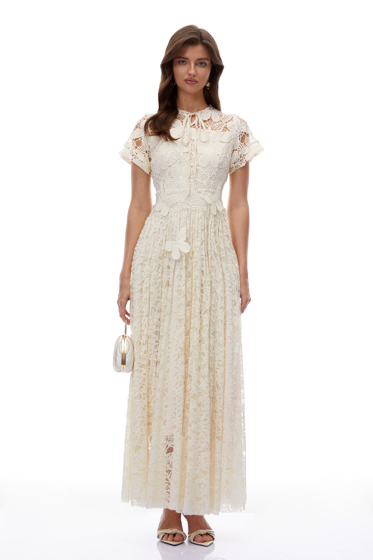 Dahlia White Floral Lace Maxi Dress with Butterfly Applique