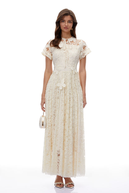 Dahlia White Floral Lace Maxi Dress with Butterfly Applique
